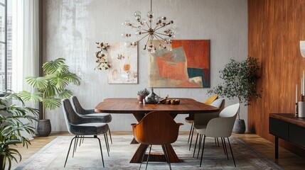 Dining space with a mix of mid-century modern chairs