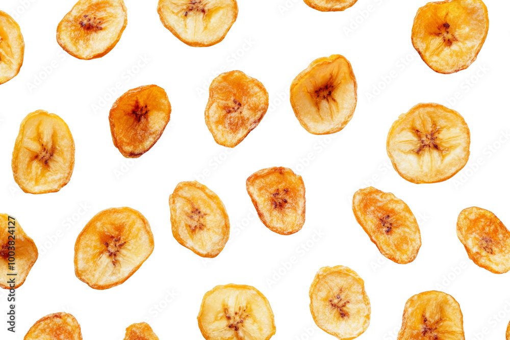 Poster crispy dried banana chips scattered ,isolated on transparent background