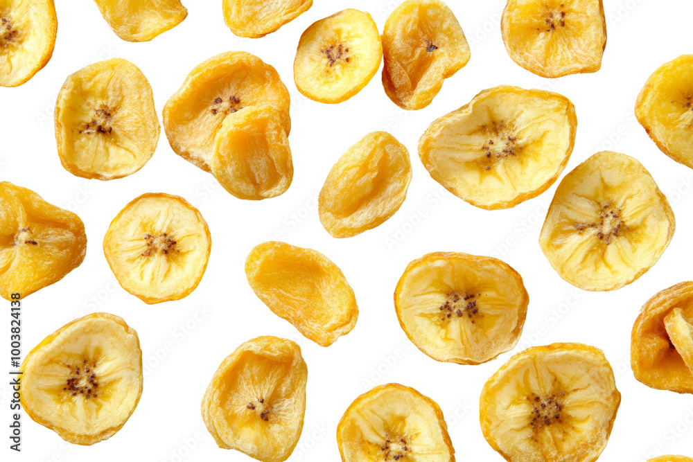 Poster crispy dried banana chips scattered ,isolated on transparent background
