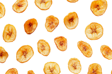 Crispy dried banana chips scattered ,Isolated on transparent background