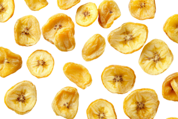 Crispy dried banana chips scattered ,Isolated on transparent background
