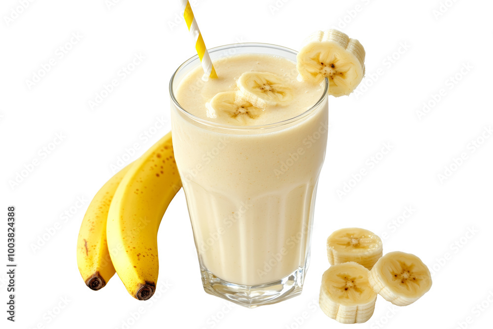 Poster creamy banana smoothie in a glass with a straw ,isolated on transparent background