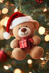  A brown  bear dons a Santa hat, clutching a red present Christmas tree gleams with lights behind