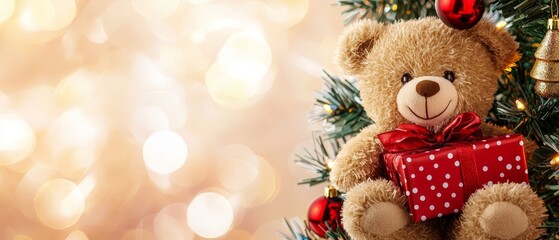  A brown  bear perches atop a Christmas tree, holding a red present between paws