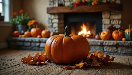 Cozy autumn scene with pumpkins and vibrant leaves near a fireplace.