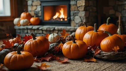 Cozy autumn scene with pumpkins and vibrant leaves near a fireplace.