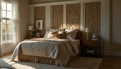 Cozy bedroom with a quilted bed and sunlight streaming through the window.