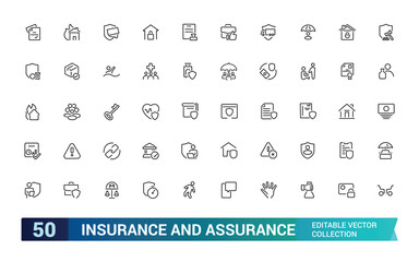 Insurance line icon set. Assurance icons for web and mobile app. Life, property, Protection of health, car, home and more.  Editable stroke. Vector illustration.