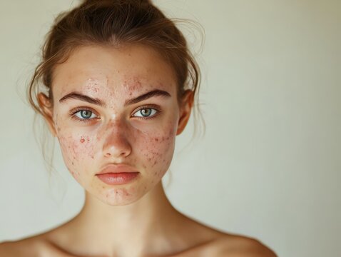 Young Woman with Acne Facing the Camera