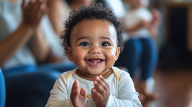 Happy baby clapping hands, showing joy and excitement.
