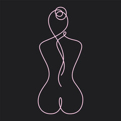 Woman Body. Body Art. Black background. Trendy Art Line. Modern Scandinavian Design. Minimalistic Lines Drawing. Female Figure Continuous One Line Abstract Drawing. Vector Illustration