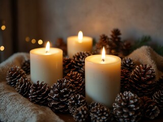 Cozy decorations featuring candles and pinecones for a winter vibe.