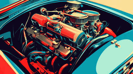Powerful car engines with great deals for drivers. Keep your car running smoothly with seasonal maintenance. This retro-style illustration captures the cool vibe of the 50s and 60s.pop art.