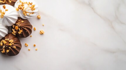 Fototapeta premium Meringue kisses dipped in chocolate and sprinkled with crushed nuts, placed on a marble countertop for a clean and elegant look, meringue, nutty dessert pairing