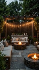 Cozy outdoor setup with comfy seating and a fire pit in a well-maintained garden.