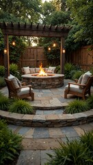 Cozy outdoor space with comfy chairs around a fire pit, surrounded by lush greenery and a well-kept garden.