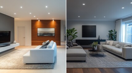 Two contrasting living room designs showcasing modern decor and lighting.