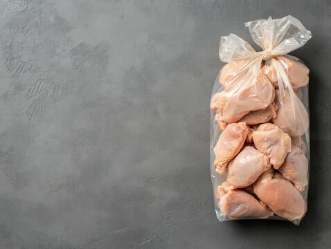Packaged raw chicken legs in a transparent bag on a gray background.