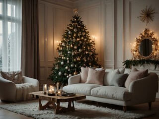 Cozy winter interior with a Christmas tree and elegant sofa.