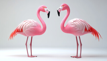 Obraz premium Two vibrant pink flamingos facing each other on a white isolated background.