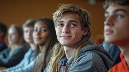Fototapeta premium A group of young people are sitting in a classroom, one of whom is smiling