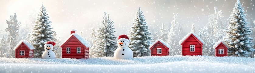 Fototapeta premium Charming Winter Wonderland with Red Cabins and Snowmen in a Snowy Forest Landscape