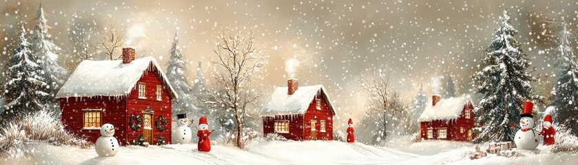 Obraz premium Cozy Winter Village Scene with Snow-Covered Houses and Snowmen in a Serene Forest Setting