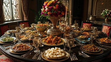 Fototapeta premium Extravagant round table set with gourmet foods from around the globe, from fresh sushi to Moroccan tagines, vibrant colors, lavish silverware, and floral centerpieces
