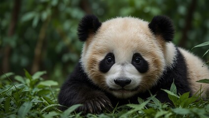 Cute panda cub relaxing among green leaves