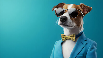 Stylish dog in blue suit and sunglasses exudes confidence and charm