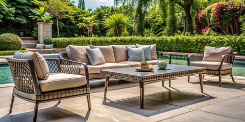 Obraz premium Chic luxury outdoor furniture collection designed for contemporary patios and gardens, merging elegance with modern