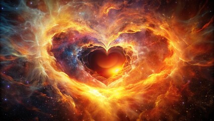 Fiery beating heart amidst a swirling nebula radiating warmth and energy through the dark void aerial, bright, surreal, cosmic, dark void, captivating, space, vibrancy, turbulent
