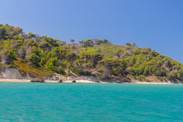 Naklejka premium Sazan is an Albanian uninhabited island in the Mediterranean Sea. It us the largest of Albania's islands and it was a designated military exclusion zone. It lies in a strategically important location