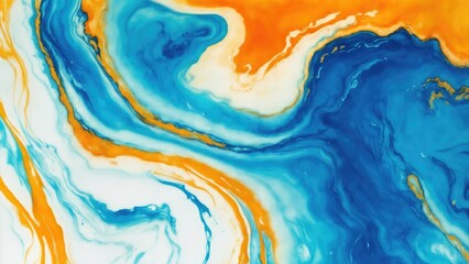 Elegant Cyan, Orange, and Gold Marble ink abstract art background with fluid design for luxury projects and creative