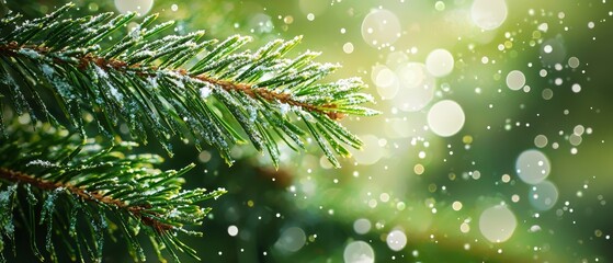  A tight shot of a pine tree branch, adorned with water droplets on its needles, against a softly blurred background