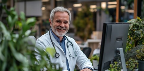 Man in a white lab coat is smiling at the camera. He is sitting at a desk with a computer monitor in front of him. A joyful medical professional sits at a desk, smiling at the computer screen.
