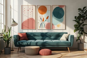 Mid Century Modern Living Room with Teal Sofa and Artistic Posters