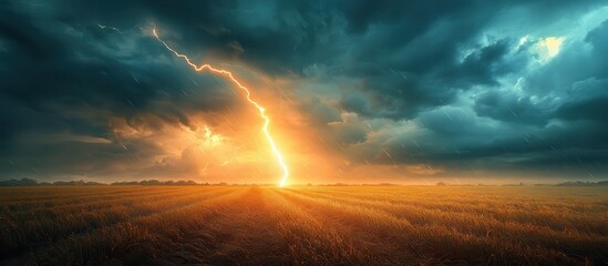 Dramatic Lightning Strike Over Field During Stormy Sunset with Dark Clouds and Golden Light