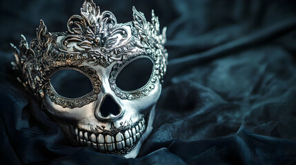 Naklejka premium Elaborate silver skull mask on dark background evokes mysterious atmosphere
