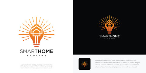 Smart home logo design vector illustration. Home and light bulb logo icon.
