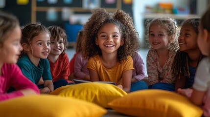 Group of children in a circle on soft cushions, eyes wide as they listen to a story being read aloud, storybook illustrations coming to life around them