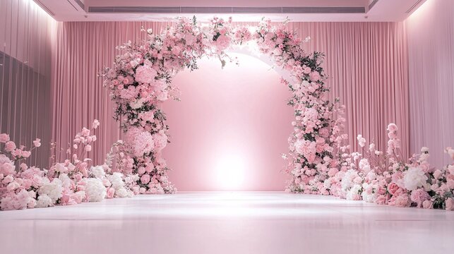 Floral design arch backdrop featuring personalized signage for a romantic atmosphere