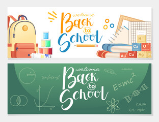 Welcome Back to school banner. Hand written text with backpack schoolbag, books, ruler and globe educational elements. Vector illustration. Horizontal poster