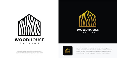 Fototapeta premium Wooden house logo design vector illustration. House wood grain texture logo icon.