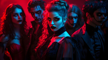 Naklejka premium Vampire themed group in dramatic costumes with striking makeup and lighting