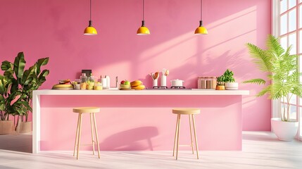 Backdrop for pink kitchen room with counter bar. 3d rendering. 