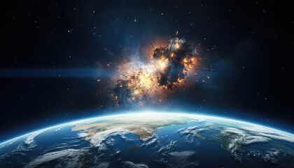 Fototapeta premium Very high definition picture of planet earth in outer space. Spacecrafts lifting off from USA soil.