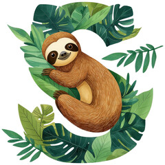 Fototapeta premium Cute sloth resting among green tropical leaves, perfect for nature-themed designs.