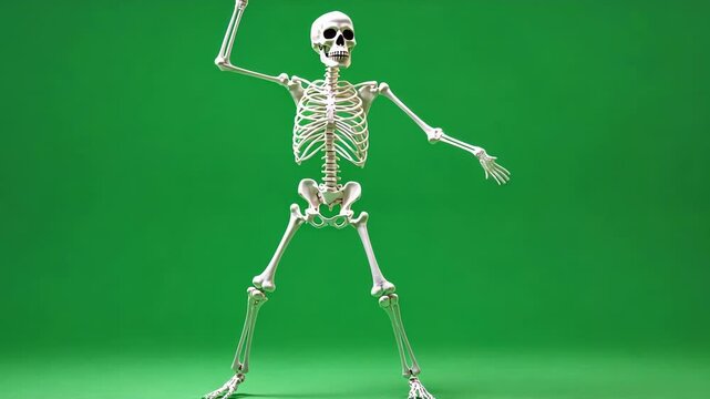 Lively dancing skeleton in 3d against a green screen, perfect for creative projects. Detailed bones ideal for halloween designs, medical visuals, and entertainment