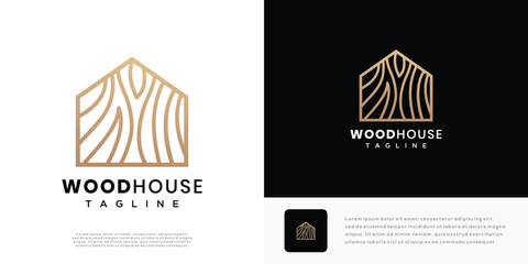 Wooden house logo design vector illustration. House wood grain texture logo icon.